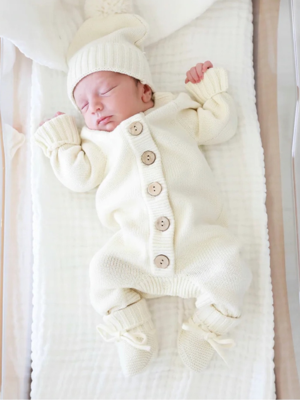 Caden Lane Ivory Knit Baby Romper with matching  knit booties/knit beanie